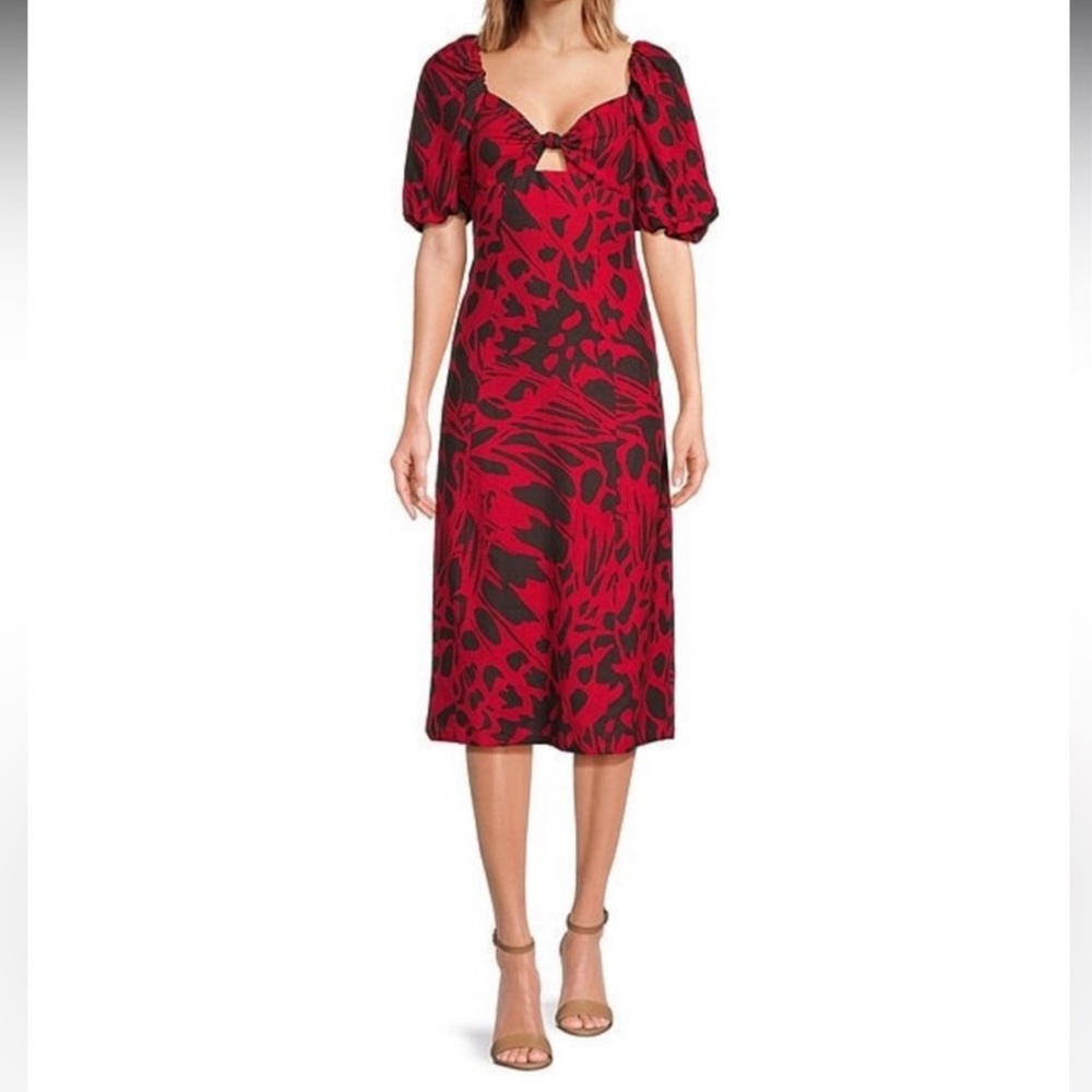Floral Print Short Puff Sleeve Sweetheart Neck Knot Front Cut Out Midi Dress